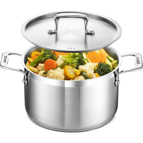 Bakken-Swiss 5QT Stockpot, Brushed Stainless Steel, Induction-Ready, Lid and Riveted Handles, Heavy Duty - BAKSTQ5