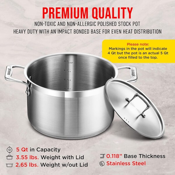 Bakken-Swiss 5QT Stockpot, Brushed Stainless Steel, Induction-Ready, Lid and Riveted Handles, Heavy Duty - BAKSTQ5