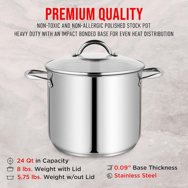 Bakken-Swiss Deluxe 24-Quart Stainless Steel Stockpot with Tempered Glass Lid, Heavy Duty - BKSSQ24