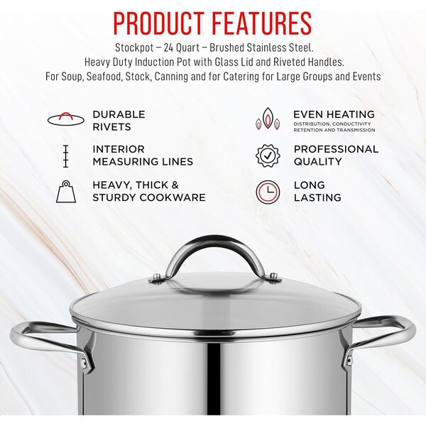 Bakken-Swiss Deluxe 24-Quart Stainless Steel Stockpot with Tempered Glass Lid, Heavy Duty - BKSSQ24