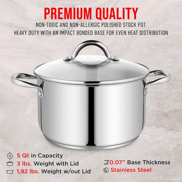 Bakken-Swiss Deluxe 5-Quart Stainless Steel Stockpot with Tempered Glass Lid, Heavy Duty - BKSSQ5