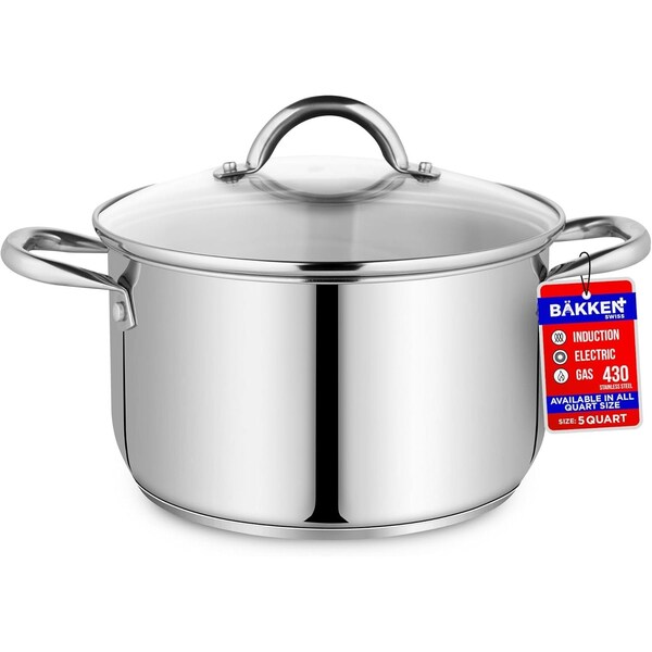 Bakken-Swiss Deluxe 5-Quart Stainless Steel Stockpot with Tempered Glass Lid, Heavy Duty - BKSSQ5