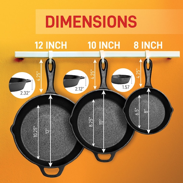 Nutrichef 3-Piece Pre-Seasoned Cast Iron Skillet Pans - NCCIPS3P49