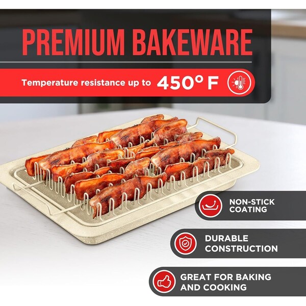 Bakken-Swiss Bacon Tray 2-Piece Set, Marble Coating, Durable Non-Stick White Stone Tray with Carbon Steel Rack - BKBACN66