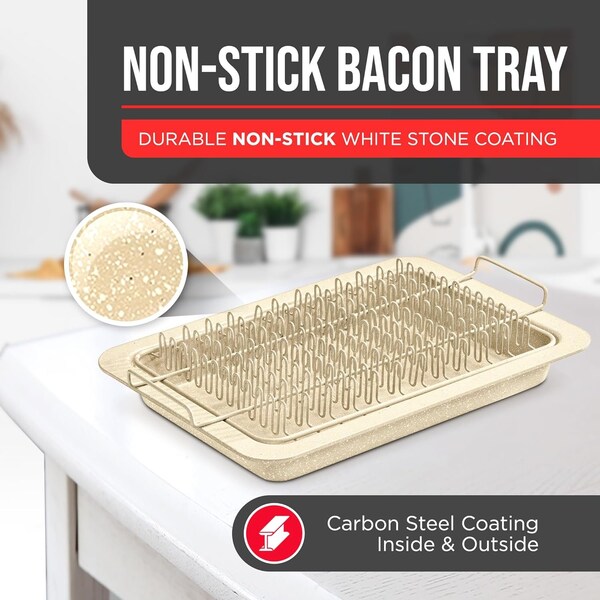 Bakken-Swiss Bacon Tray 2-Piece Set, Marble Coating, Durable Non-Stick White Stone Tray with Carbon Steel Rack - BKBACN66