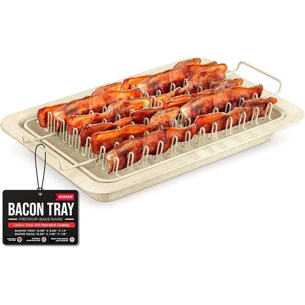 Bakken-Swiss Bacon Tray 2-Piece Set, Marble Coating, Durable Non-Stick White Stone Tray with Carbon Steel Rack - BKBACN66