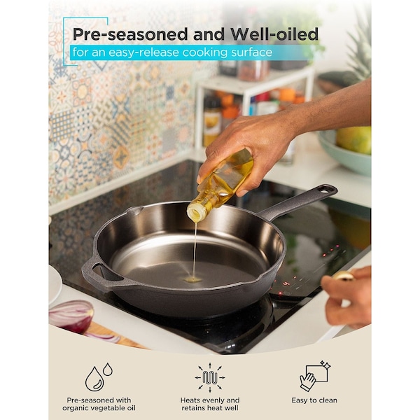 Black & Decker 10.25'' Cast Iron Skillet, Pre-Seasoned Frying Pan with Bronze Finish - BDK201BR