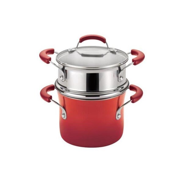 Rachael Ray Hard Enamel Nonstick 3-Quart Covered Steamer Set- Red Gradient - 14484