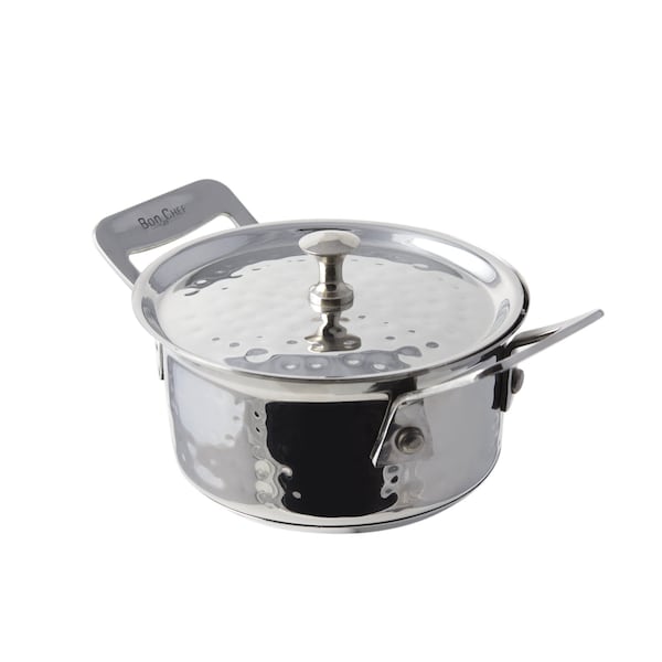 Bon Chef Cucina Side Dish W/ Lid, Hammered Finish, Ind Btm, (2) Square Handles, 4 7/8" Dia. X 2 1/2" H, 16 Oz - 60021HF