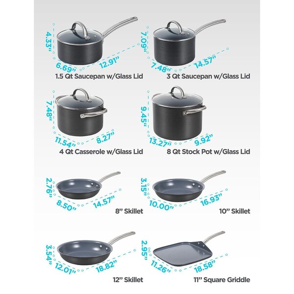 Black & Decker 12-Piece Ceramic Hard Anodized Aluminum Cookware Set, Pots and Pans Set, Gray - BDK100B