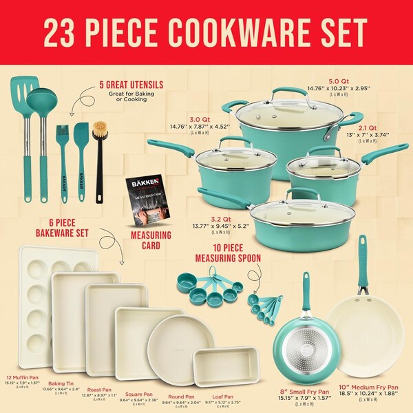 Bakken-Swiss 23Pc Cookware Set, Green Pots, Skillets, Bakeware, Reinforced Aluminum, Gas, Electric, Induction - BKCWA23Q