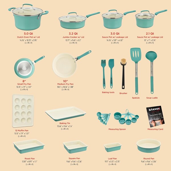 Bakken-Swiss 23Pc Cookware Set, Green Pots, Skillets, Bakeware, Reinforced Aluminum, Gas, Electric, Induction - BKCWA23Q