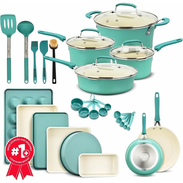 Bakken-Swiss 23Pc Cookware Set, Green Pots, Skillets, Bakeware, Reinforced Aluminum, Gas, Electric, Induction - BKCWA23Q