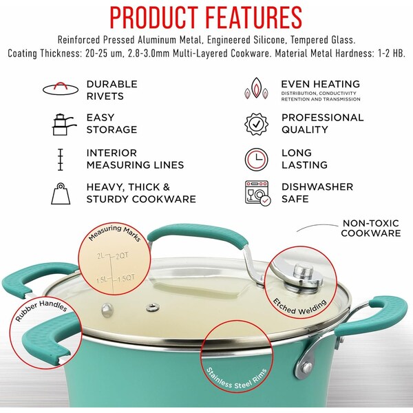 Bakken-Swiss 23Pc Cookware Set, Green Pots, Skillets, Bakeware, Reinforced Aluminum, Gas, Electric, Induction - BKCWA23Q