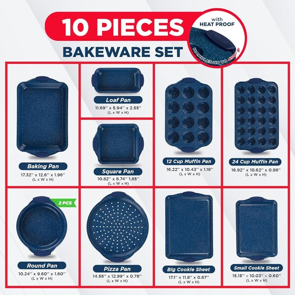 Bakkenamster BAKKEN Kitchen Baking Pan Set, Oven Safe Tray, Up To 450 Deg F, 10PK - BKBSBLUE10