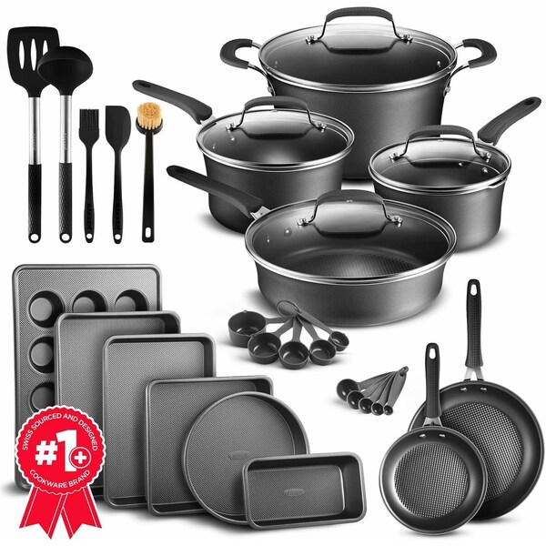 Bakken-Swiss 23Pc Cookware Set, Black Pots, Skillets, Bakeware, Reinforced Aluminum, Gas, Electric, Induction - BKCWL23B