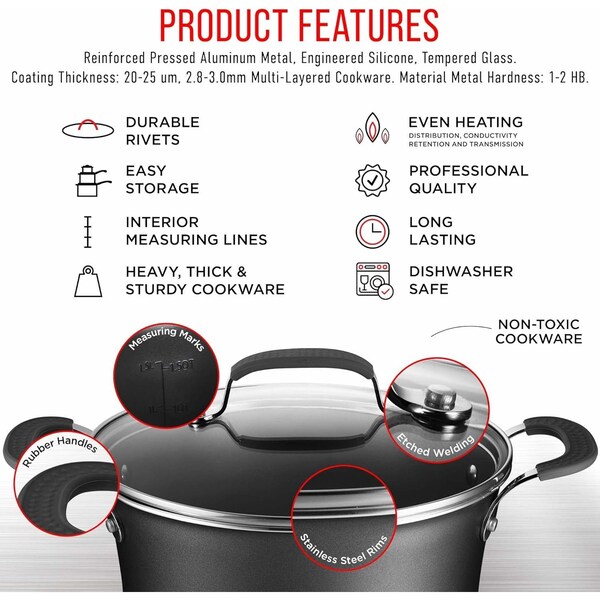 Bakken-Swiss 23Pc Cookware Set, Black Pots, Skillets, Bakeware, Reinforced Aluminum, Gas, Electric, Induction - BKCWL23B