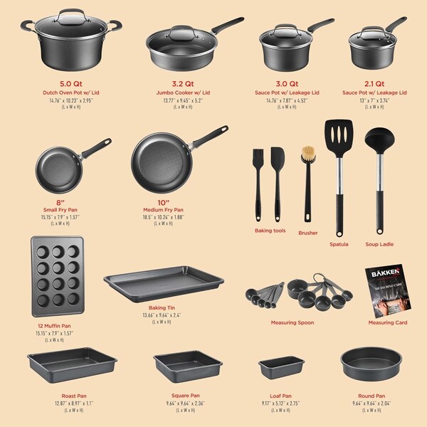Bakken-Swiss 23Pc Cookware Set, Black Pots, Skillets, Bakeware, Reinforced Aluminum, Gas, Electric, Induction - BKCWL23B