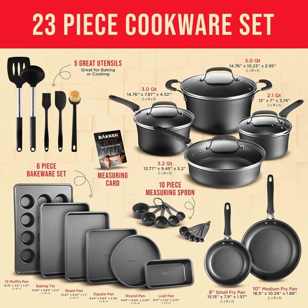Bakken-Swiss 23Pc Cookware Set, Black Pots, Skillets, Bakeware, Reinforced Aluminum, Gas, Electric, Induction - BKCWL23B