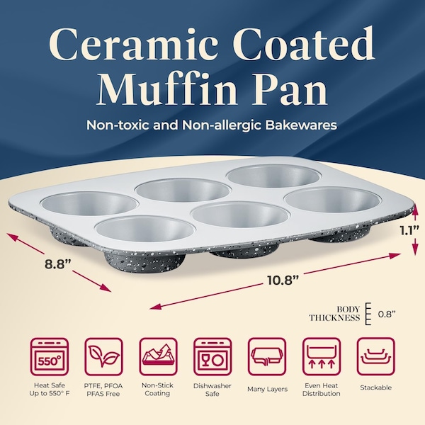 Bakken-Swiss 6-Cup Cake/Muffin Pan Set, Blue, Teal, Marble, Golden, Cream, Aluminized Steel, Ceramic Non-Stick - SBKCRSTBKMARMUF