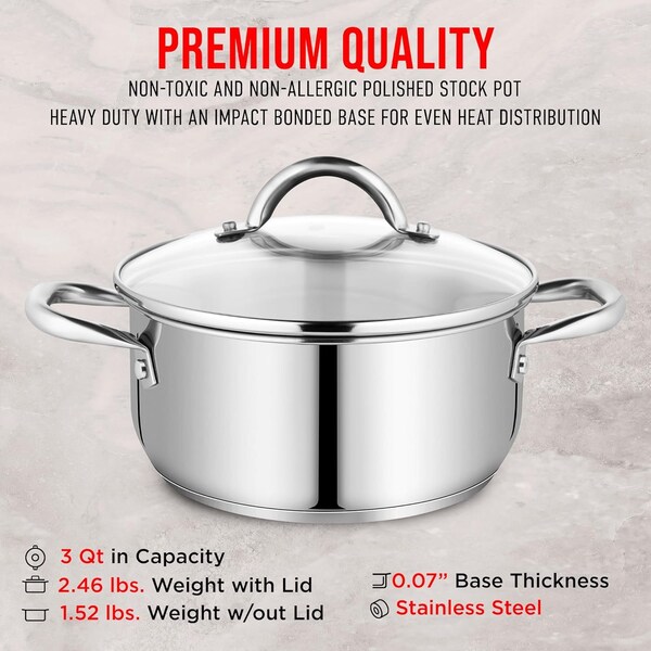 Bakken-Swiss 3QT Stockpot, Stainless Steel, Tempered Glass Lid, Induction-Ready, Heavy-Duty - BKSSQ3