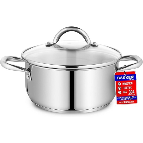 Bakken-Swiss 3QT Stockpot, Stainless Steel, Tempered Glass Lid, Induction-Ready, Heavy-Duty - BKSSQ3