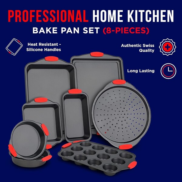 Bakkenmaster 8-Piece Baking Set, Non-Stick Black Coating, Carbon Steel, Red Silicone Handles, PFOA-Free - BKB8SPS8