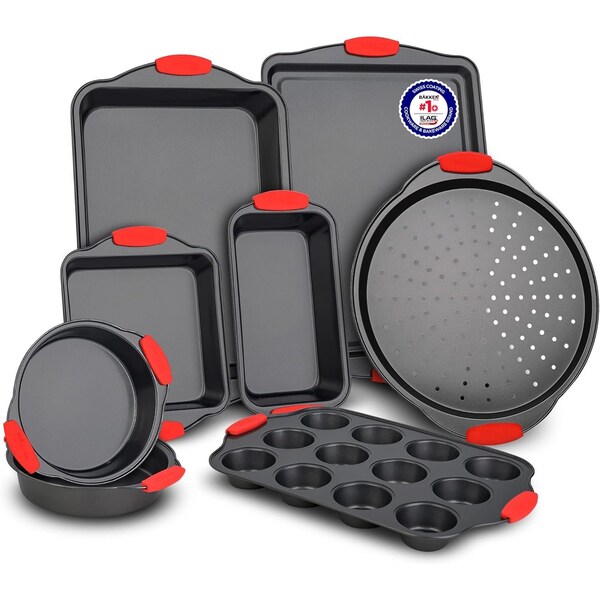 Bakkenmaster 8-Piece Baking Set, Non-Stick Black Coating, Carbon Steel, Red Silicone Handles, PFOA-Free - BKB8SPS8