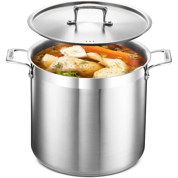 Bakken-Swiss 16QT Stockpot, Brushed Stainless Steel, Induction-Ready, Lid and Riveted Handles, Heavy Duty - BAKSTQ16