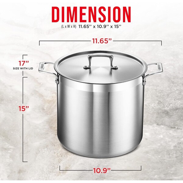 Bakken-Swiss 16QT Stockpot, Brushed Stainless Steel, Induction-Ready, Lid and Riveted Handles, Heavy Duty - BAKSTQ16