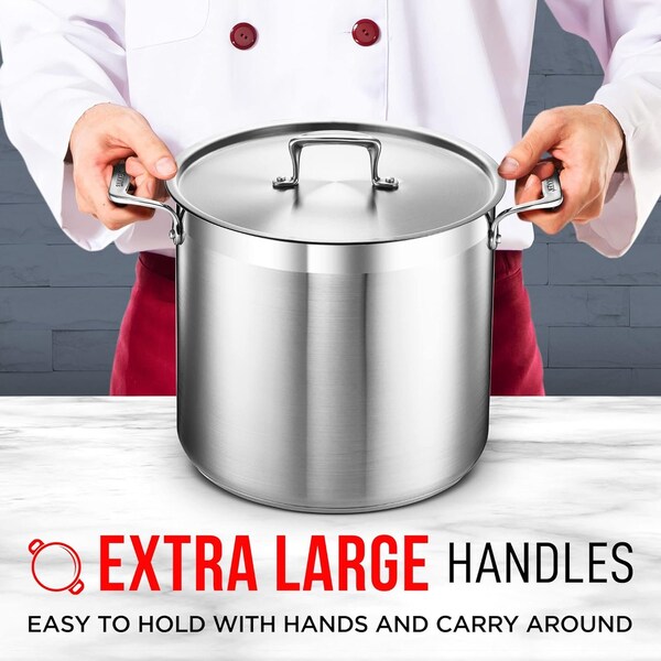 Bakken-Swiss 16QT Stockpot, Brushed Stainless Steel, Induction-Ready, Lid and Riveted Handles, Heavy Duty - BAKSTQ16