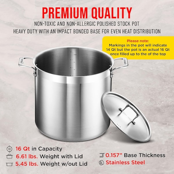 Bakken-Swiss 16QT Stockpot, Brushed Stainless Steel, Induction-Ready, Lid and Riveted Handles, Heavy Duty - BAKSTQ16