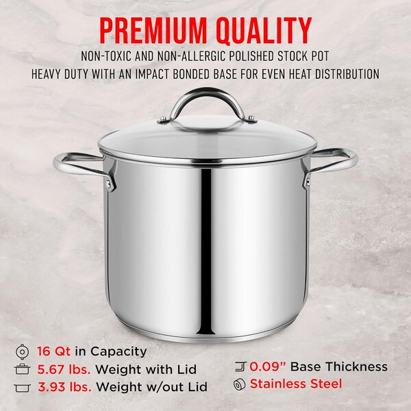 Bakken-Swiss Deluxe 16-Quart Stainless Steel Stockpot with Tempered Glass Lid, Heavy Duty - BKSSQ16