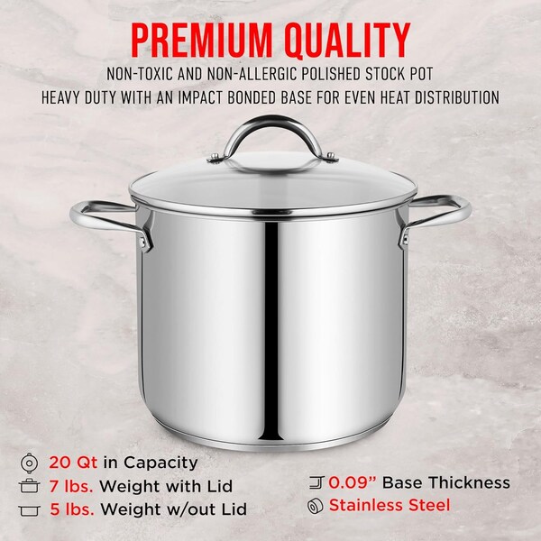 Bakken-Swiss Deluxe 20-Quart Stainless Steel Stockpot with Tempered Glass Lid, Heavy Duty - BKSSQ20