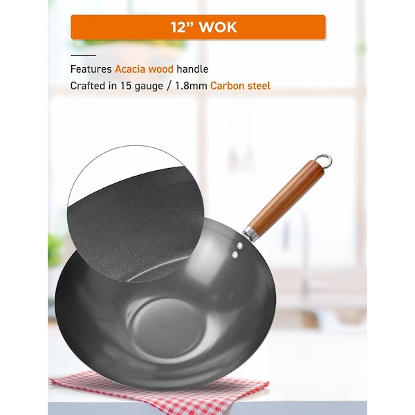 Commercial Chef 12in Carbon Steel Wok with Wood Handle - CHCSW12