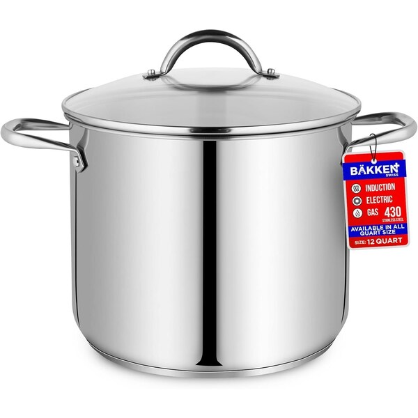 Bakken-Swiss Deluxe 12-Quart Stainless Steel Stockpot with Tempered Glass Lid, Heavy Duty - BKSSQ12