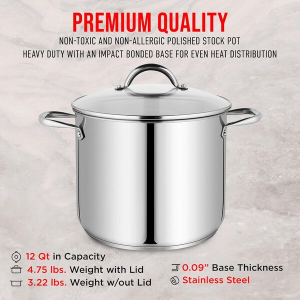Bakken-Swiss Deluxe 12-Quart Stainless Steel Stockpot with Tempered Glass Lid, Heavy Duty - BKSSQ12