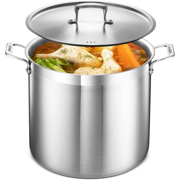 Bakken-Swiss 20QT Stockpot, Brushed Stainless Steel, Induction-Ready, Lid and Riveted Handles, Heavy Duty - BAKSTQ20