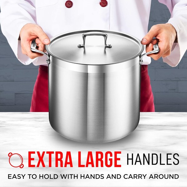 Bakken-Swiss 20QT Stockpot, Brushed Stainless Steel, Induction-Ready, Lid and Riveted Handles, Heavy Duty - BAKSTQ20