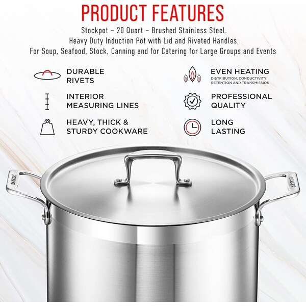 Bakken-Swiss 20QT Stockpot, Brushed Stainless Steel, Induction-Ready, Lid and Riveted Handles, Heavy Duty - BAKSTQ20