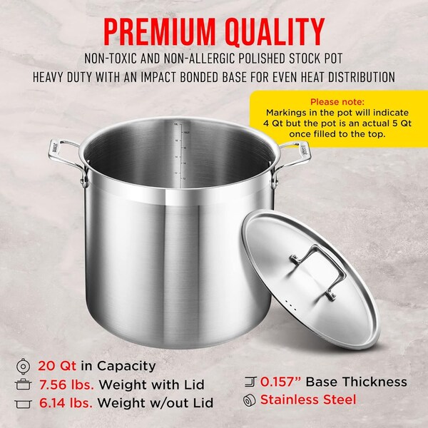 Bakken-Swiss 20QT Stockpot, Brushed Stainless Steel, Induction-Ready, Lid and Riveted Handles, Heavy Duty - BAKSTQ20