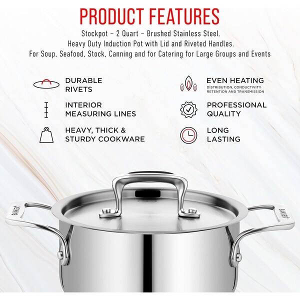 Bakken-Swiss 2QT Stockpot, Brushed Stainless Steel, Heavy Duty, Induction-Ready, Lid and Riveted Handles - BAKSTQ2