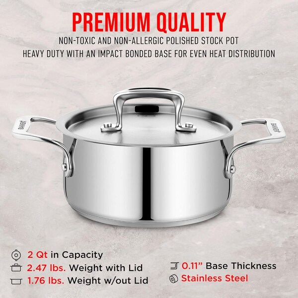 Bakken-Swiss 2QT Stockpot, Brushed Stainless Steel, Heavy Duty, Induction-Ready, Lid and Riveted Handles - BAKSTQ2