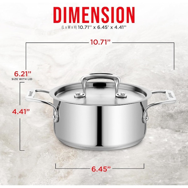Bakken-Swiss 2QT Stockpot, Brushed Stainless Steel, Heavy Duty, Induction-Ready, Lid and Riveted Handles - BAKSTQ2