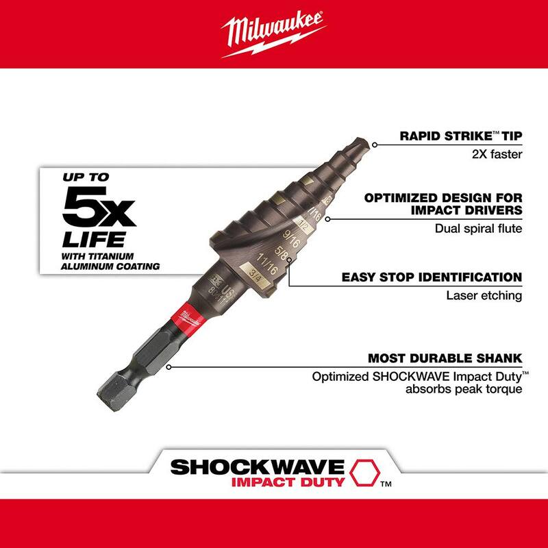 Broca escalonada de titanio con clasificación de impacto #3 de 3/16 a 3/4 de pulgada Milwaukee SHOCKWAVE (10 pasos) - 48-89-9243