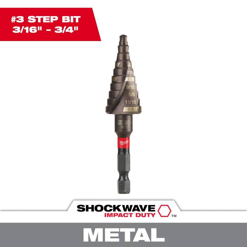 Broca escalonada de titanio con clasificación de impacto #3 de 3/16 a 3/4 de pulgada Milwaukee SHOCKWAVE (10 pasos) - 48-89-9243