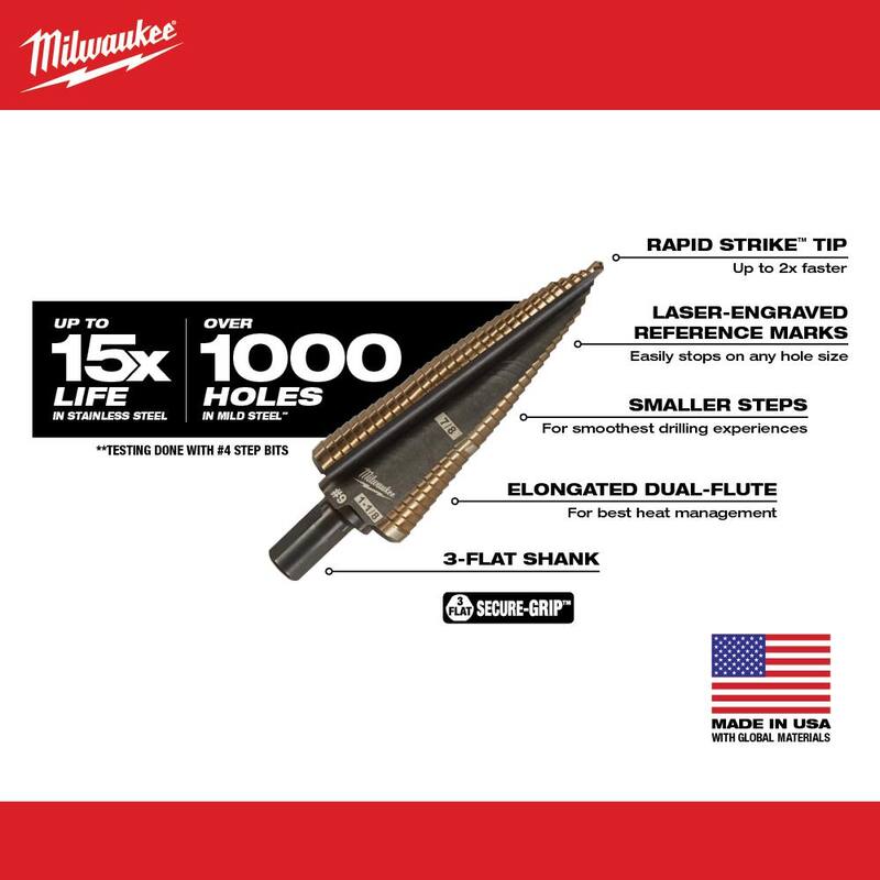 Broca escalonada de cobalto Milwaukee de 7/8 a 1-1/8 pulgadas (2 pasos) - 48-89-9289
