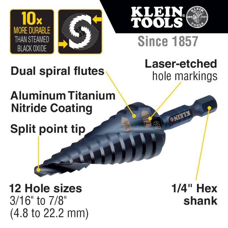 Herramienta Klein Tools #14 Broca escalonada, eje de impacto, doble espiral de 3/16” a 7/8” - QRST14