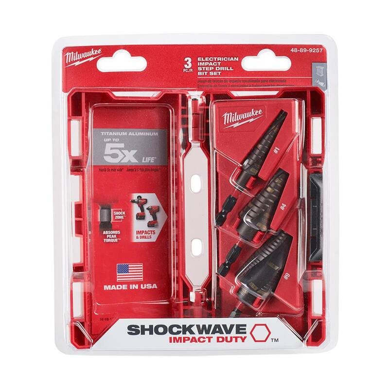 Kit de brocas escalonadas de titanio Milwaukee SHOCKWAVE Impact Duty (3 piezas) con adaptador de taladro de ángulo recto - 48-89-9257-48-32-2390