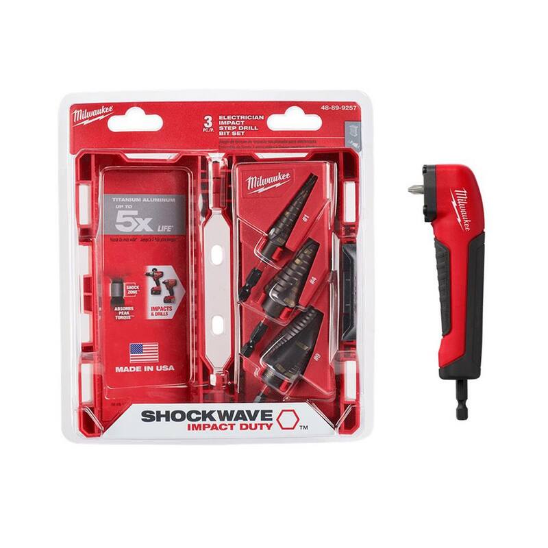 Kit de brocas escalonadas de titanio Milwaukee SHOCKWAVE Impact Duty (3 piezas) con adaptador de taladro de ángulo recto - 48-89-9257-48-32-2390